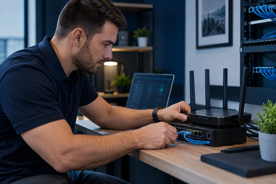 Network specialist configuring Wi-Fi and security equipment